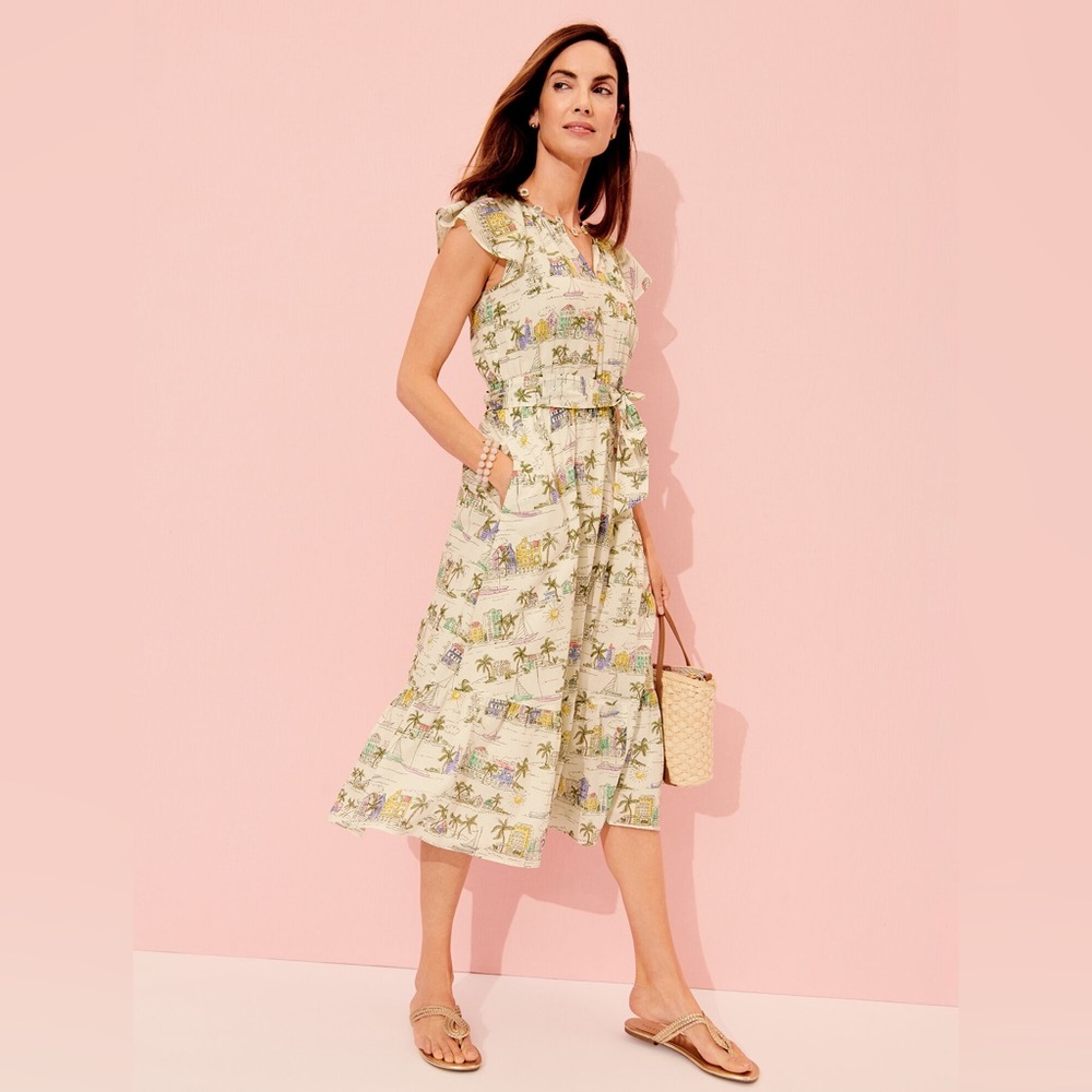 Talbots Scenic Curaçao Ruffle Midi Belted Tie Waist Dress